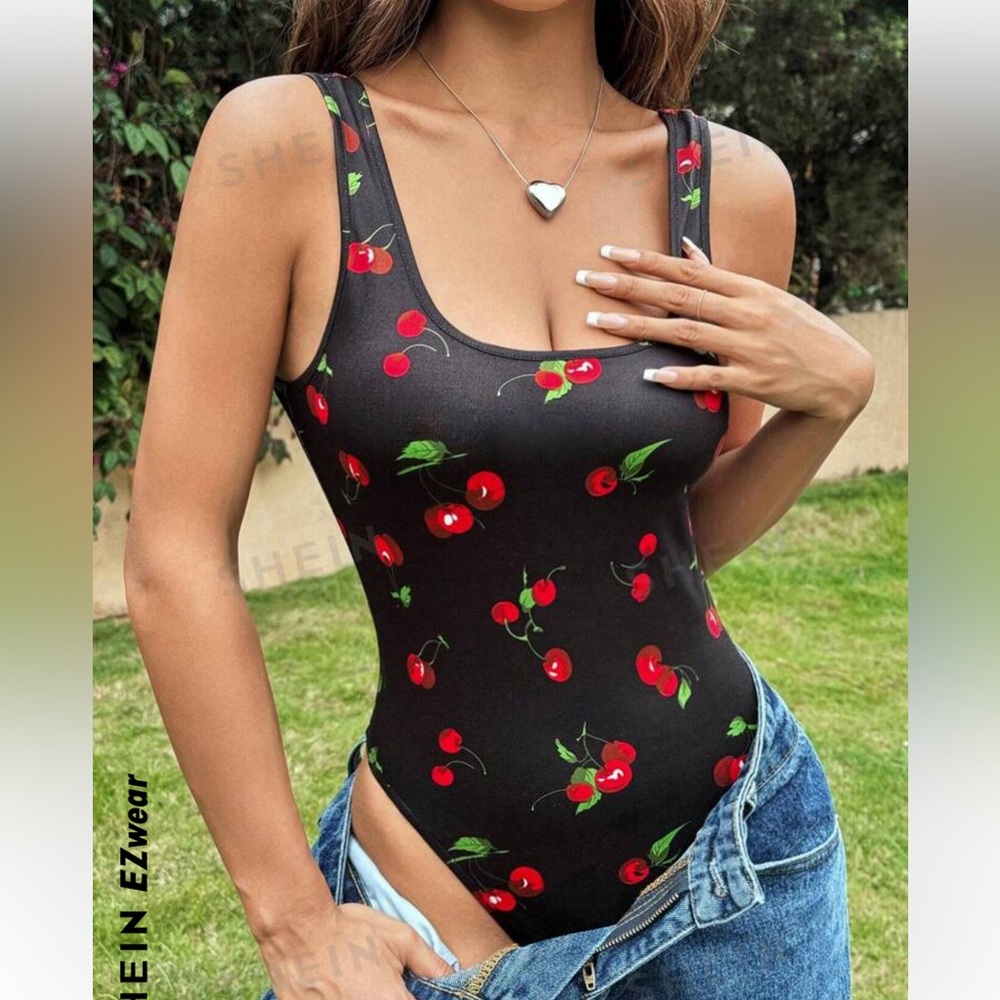 SHEIN EZwear Summer Casual Cherry Print Knit
Low Back Tank Bodysuit - Small